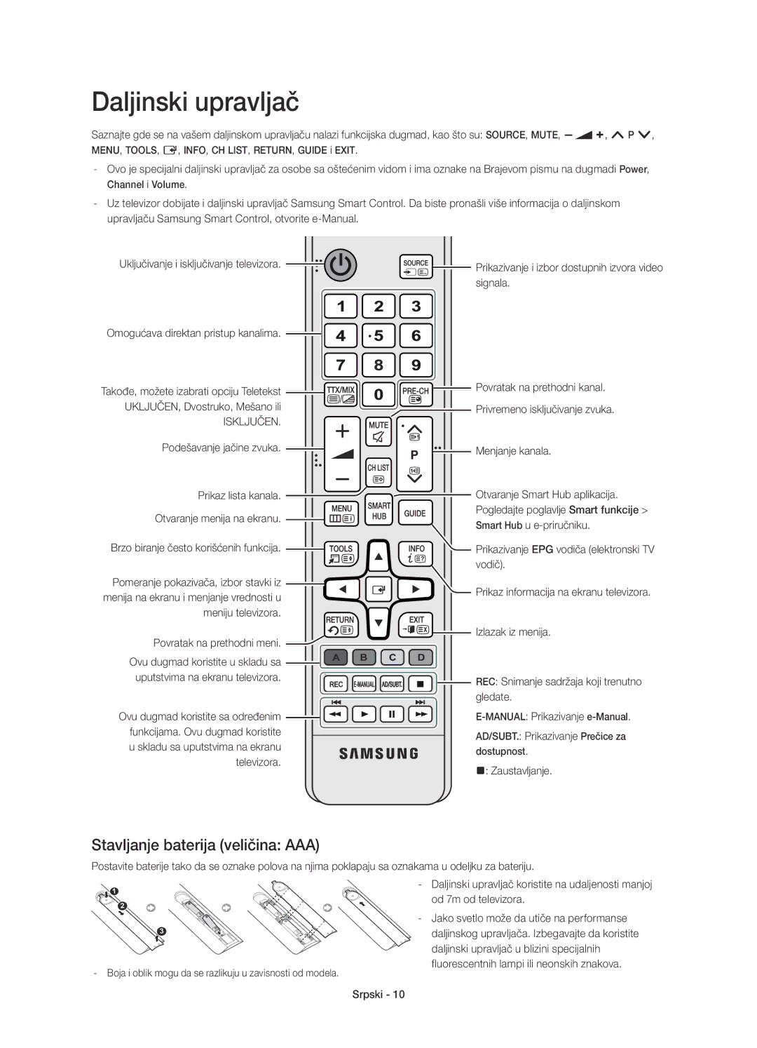 Samsung UE65HU8200LXXN manual Stavljanje baterija veličina AAA, Signala, Meniju televizora Povratak na prethodni meni 