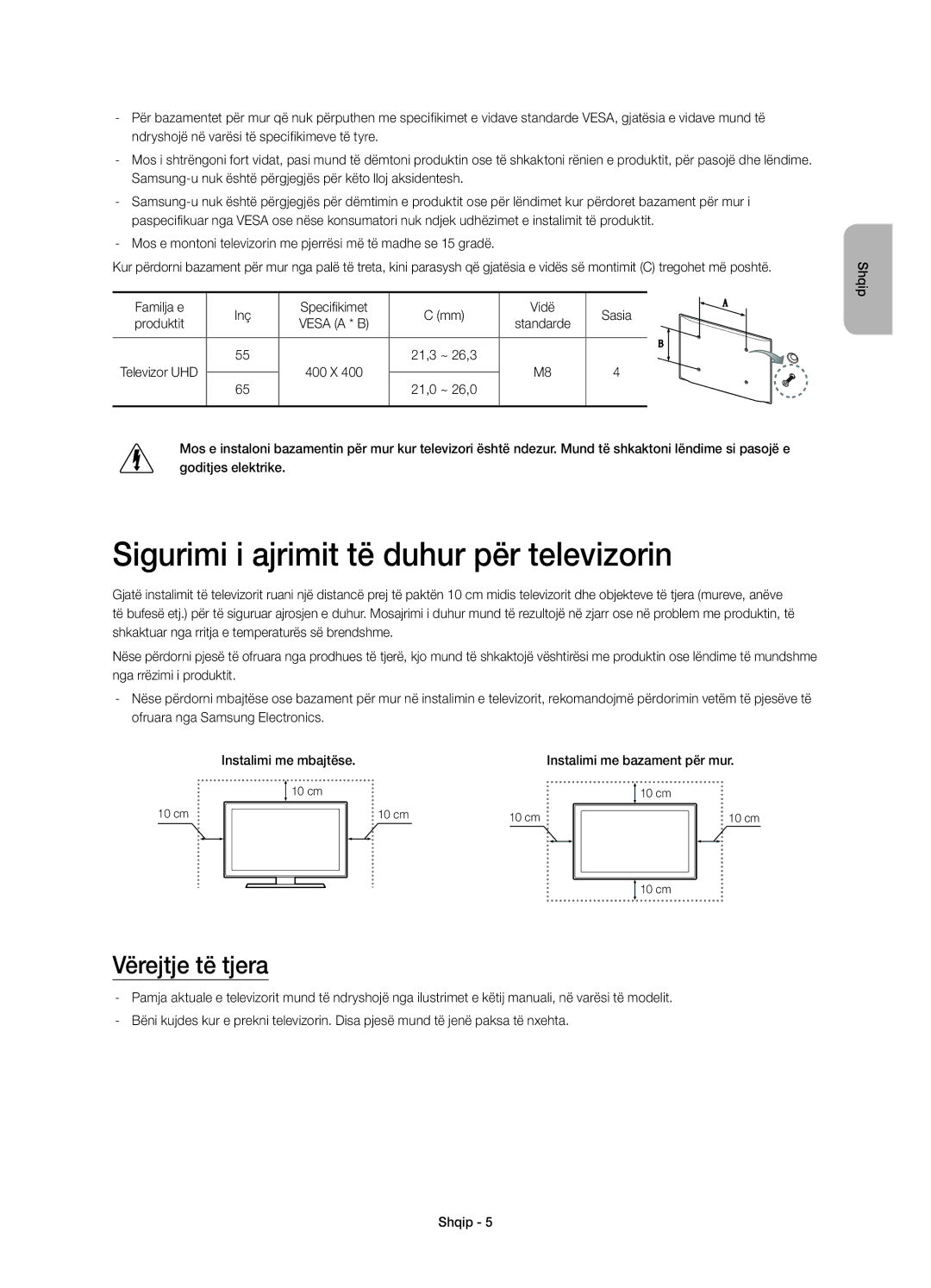 Samsung UE55HU8200TXXH, UE65HU8200LXZF, UE55HU8200LXZF manual Sigurimi i ajrimit të duhur për televizorin, Vërejtje të tjera 