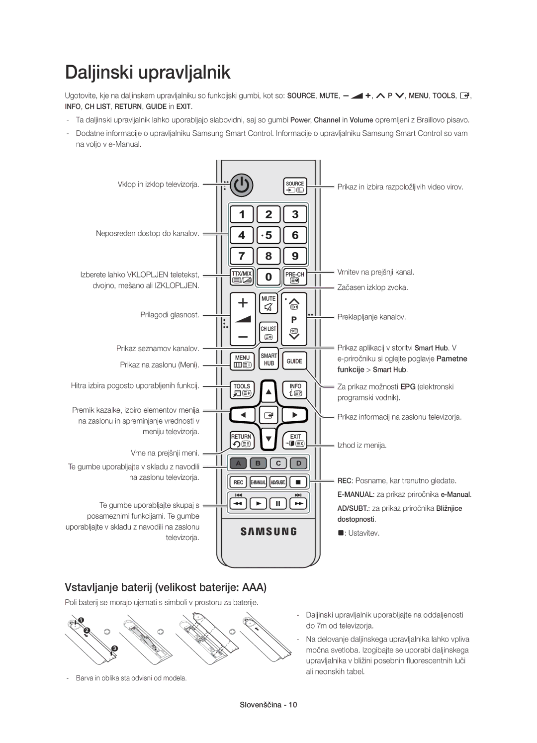 Samsung UE65HU8200LXXN, UE65HU8200LXZF, UE55HU8200LXZF Daljinski upravljalnik, Vstavljanje baterij velikost baterije AAA 