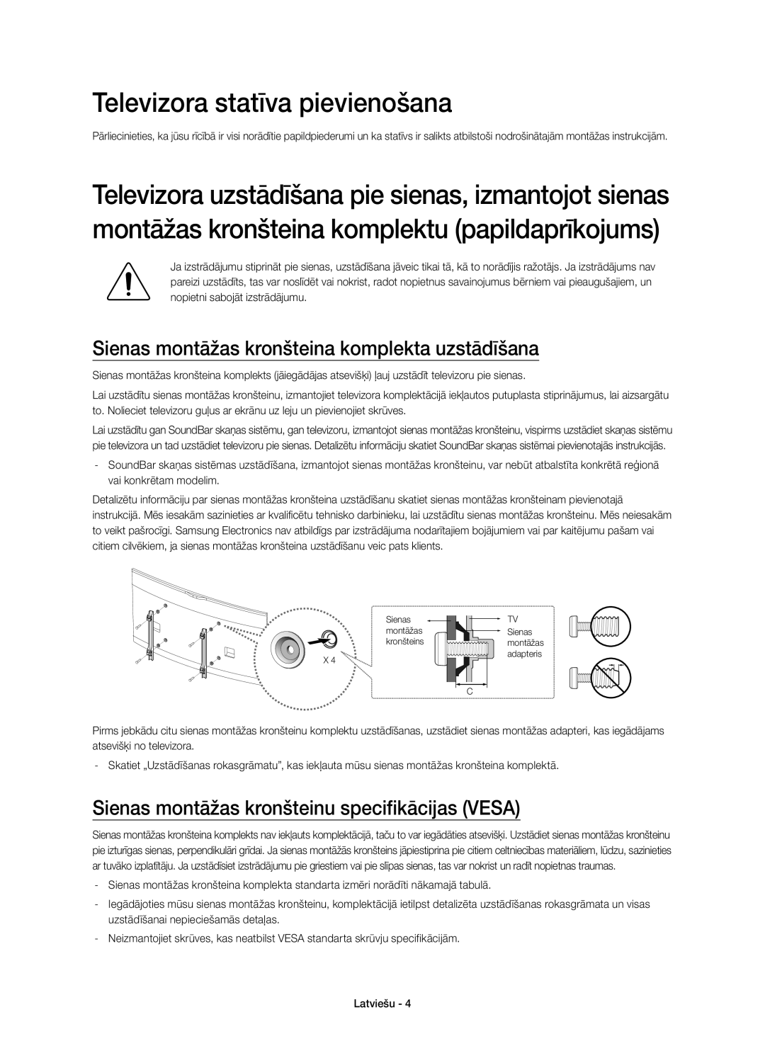 Samsung UE65HU8200TXXH, UE65HU8200LXZF Televizora statīva pievienošana, Sienas montāžas kronšteina komplekta uzstādīšana 