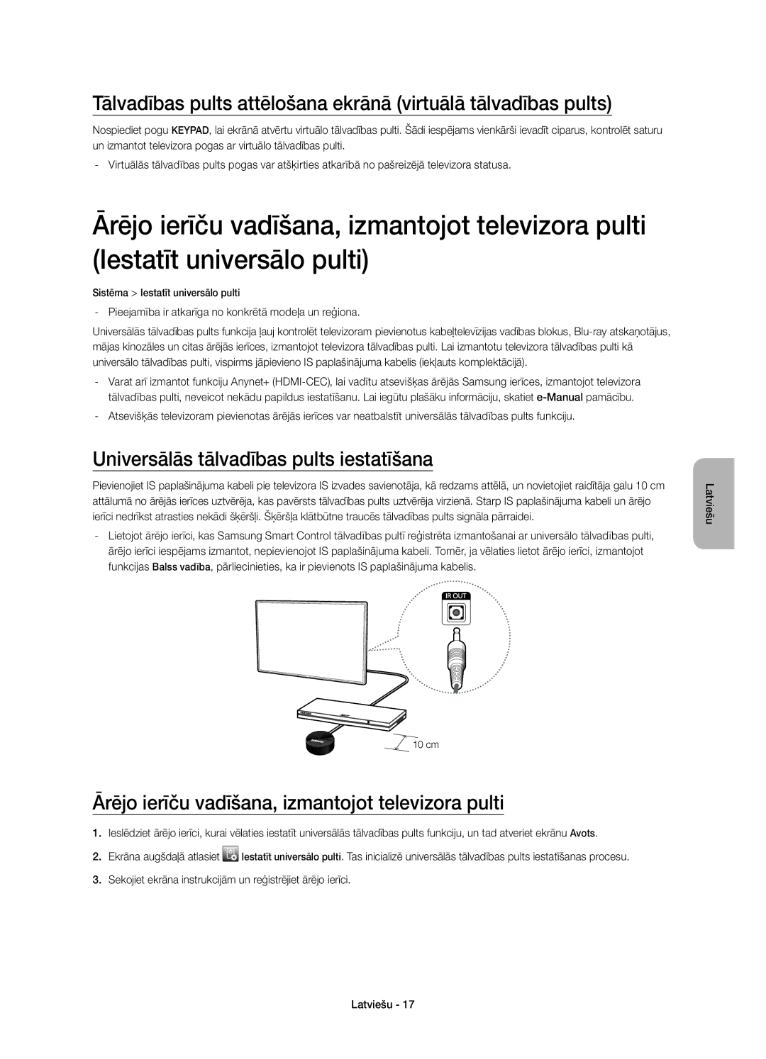 Samsung UE55HU8200TXXH manual Universālās tālvadības pults iestatīšana, Ārējo ierīču vadīšana, izmantojot televizora pulti 