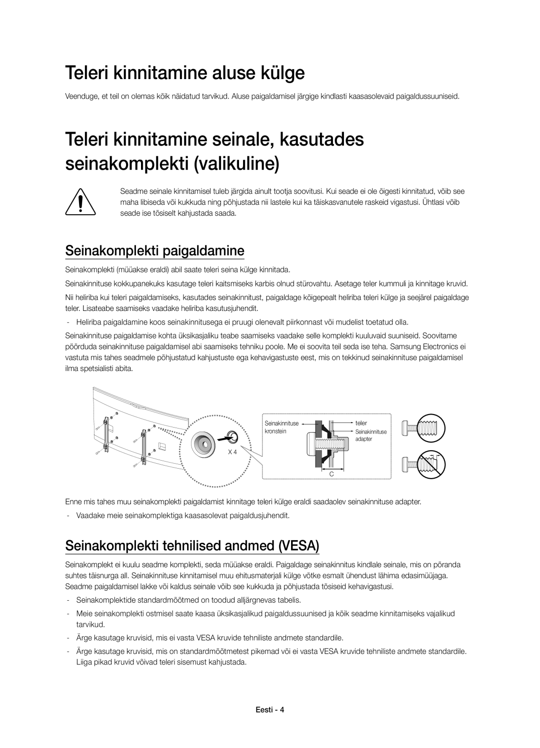 Samsung UE65HU8200TXXH Teleri kinnitamine aluse külge, Seinakomplekti paigaldamine, Seinakomplekti tehnilised andmed Vesa 