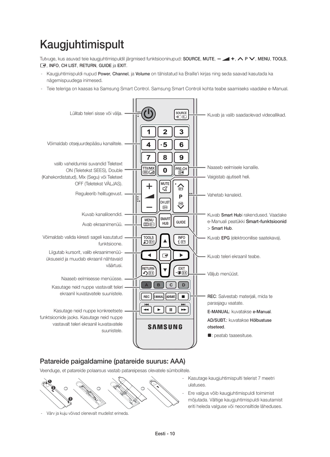 Samsung UE65HU8200LXXN, UE65HU8200LXZF, UE55HU8200LXZF manual Kaugjuhtimispult, Patareide paigaldamine patareide suurus AAA 