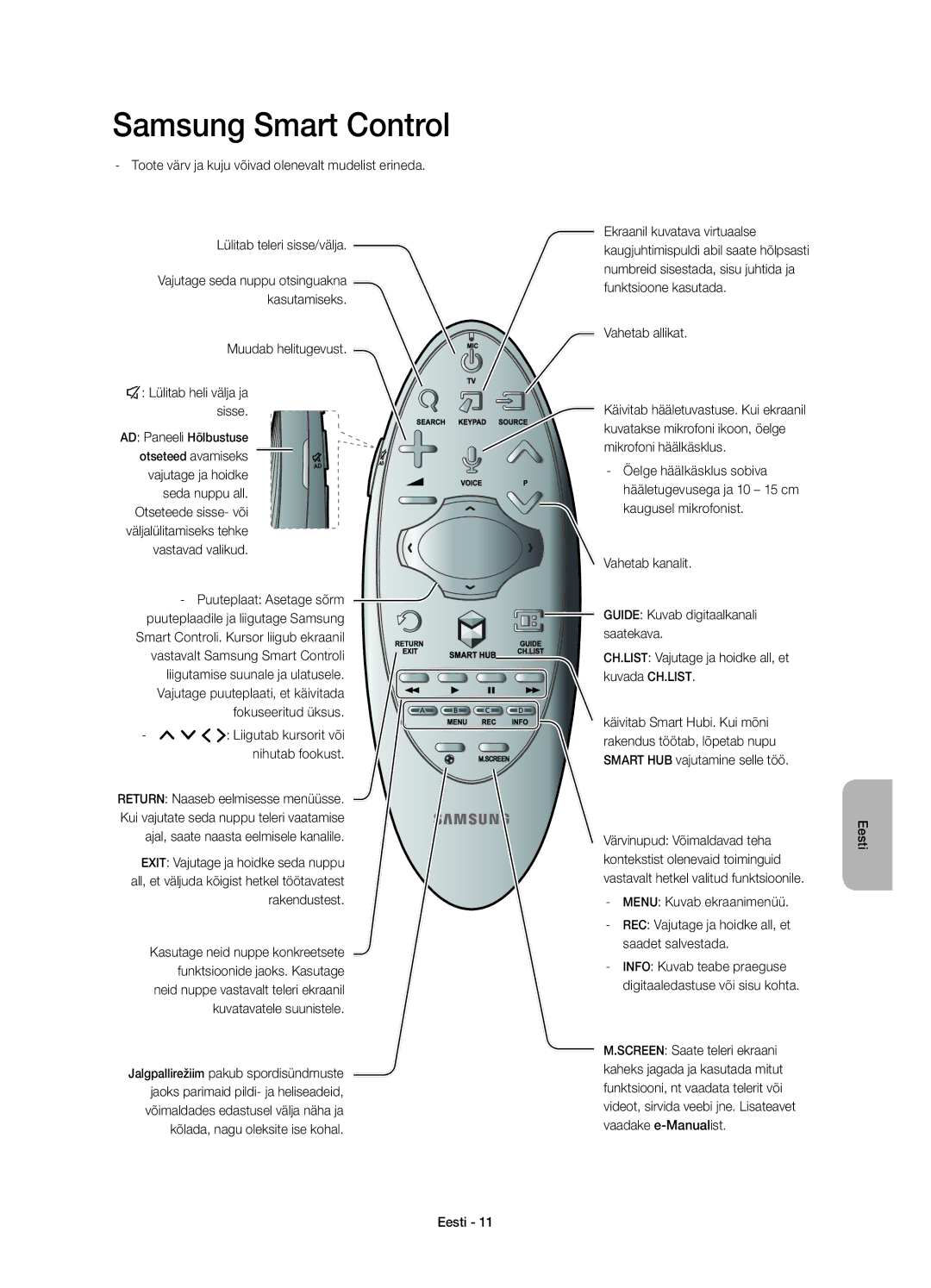 Samsung UE55HU8200TXXU manual Muudab helitugevust ¢ Lülitab heli välja ja sisse, Puuteplaat Asetage sõrm, Vahetab allikat 