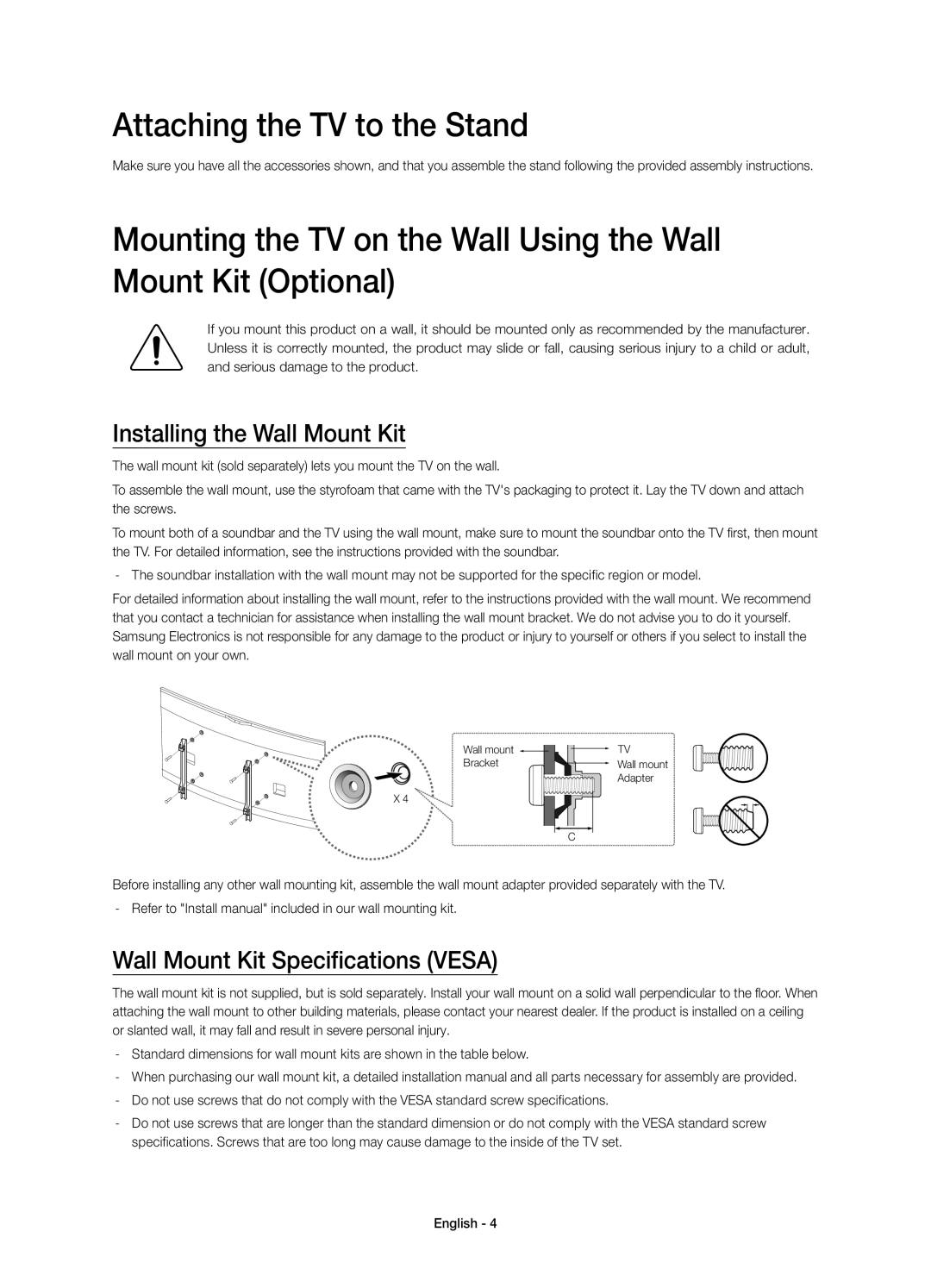 Samsung UE65HU8200TXXH Attaching the TV to the Stand, Installing the Wall Mount Kit, Wall Mount Kit Specifications Vesa 