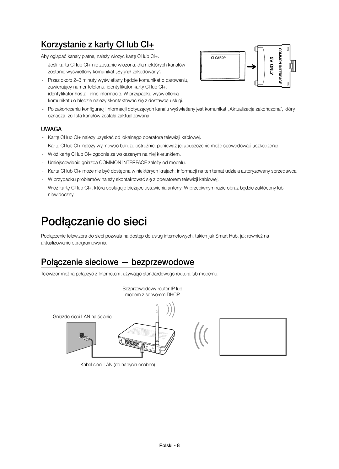 Samsung UE55HU8200LXXN manual Podłączanie do sieci, Korzystanie z karty CI lub CI+, Połączenie sieciowe bezprzewodowe 