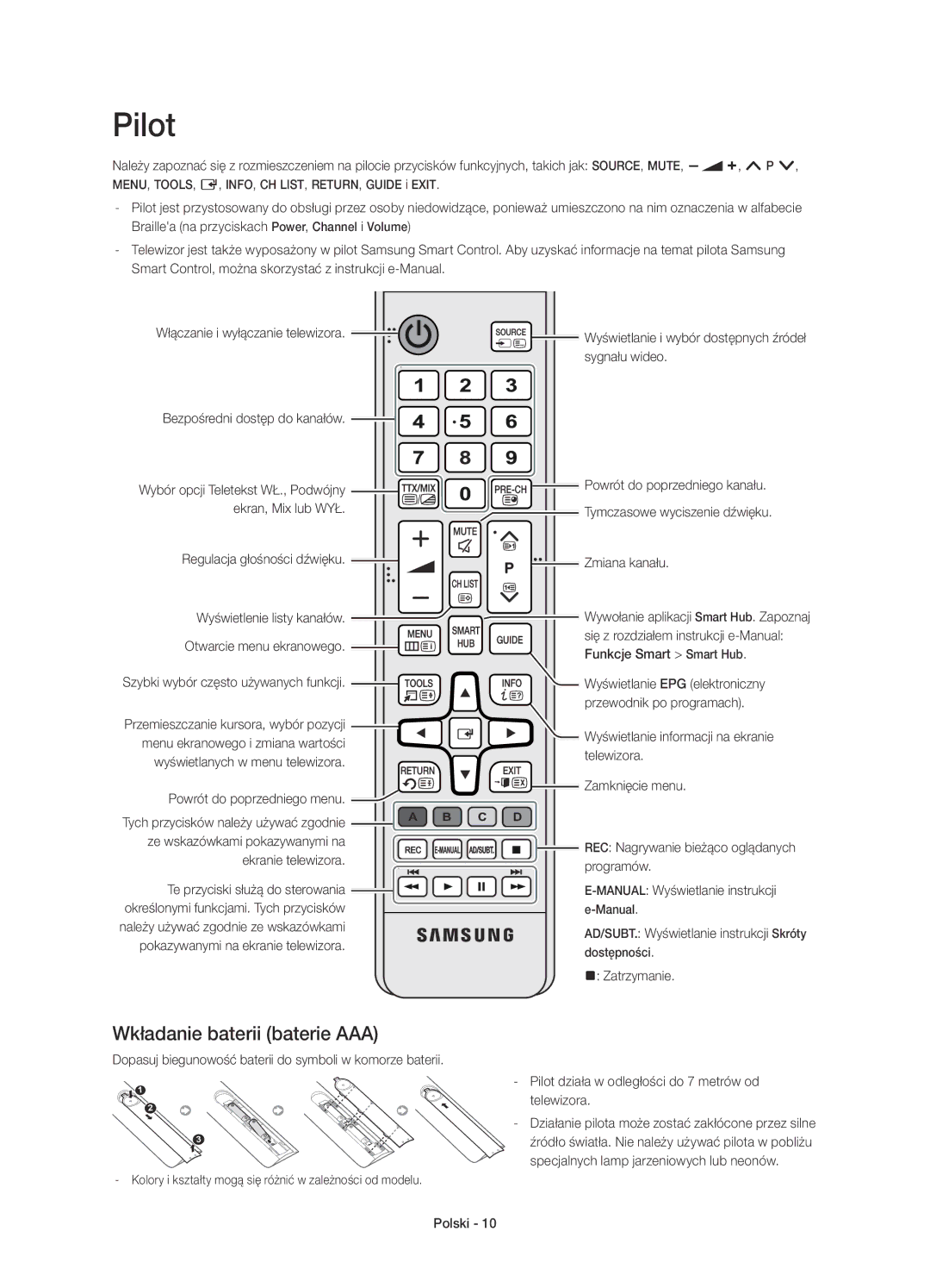 Samsung UE65HU8200LXXN, UE65HU8200LXZF, UE55HU8200LXZF, UE65HU8200LXXC, UE55HU8200LXXC Pilot, Wkładanie baterii baterie AAA 