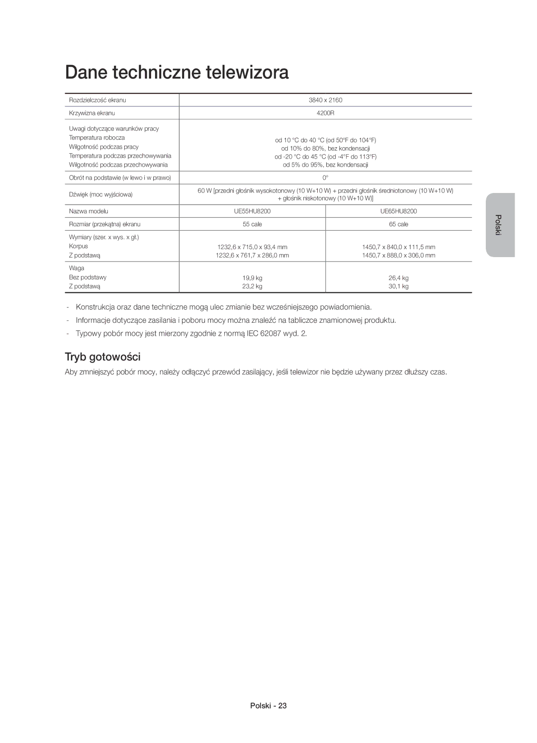 Samsung UE55HU8200TXXU, UE65HU8200LXZF, UE55HU8200LXZF, UE65HU8200LXXC manual Dane techniczne telewizora, Tryb gotowości 