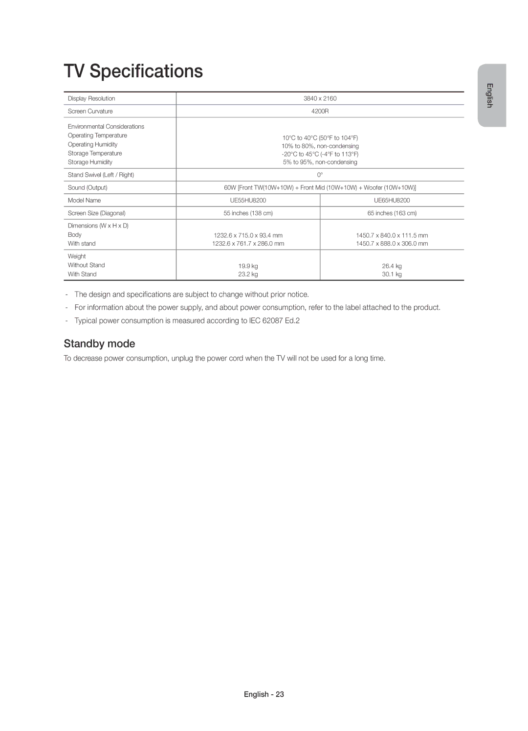 Samsung UE55HU8200LXZF, UE65HU8200LXZF manual TV Specifications, Standby mode 