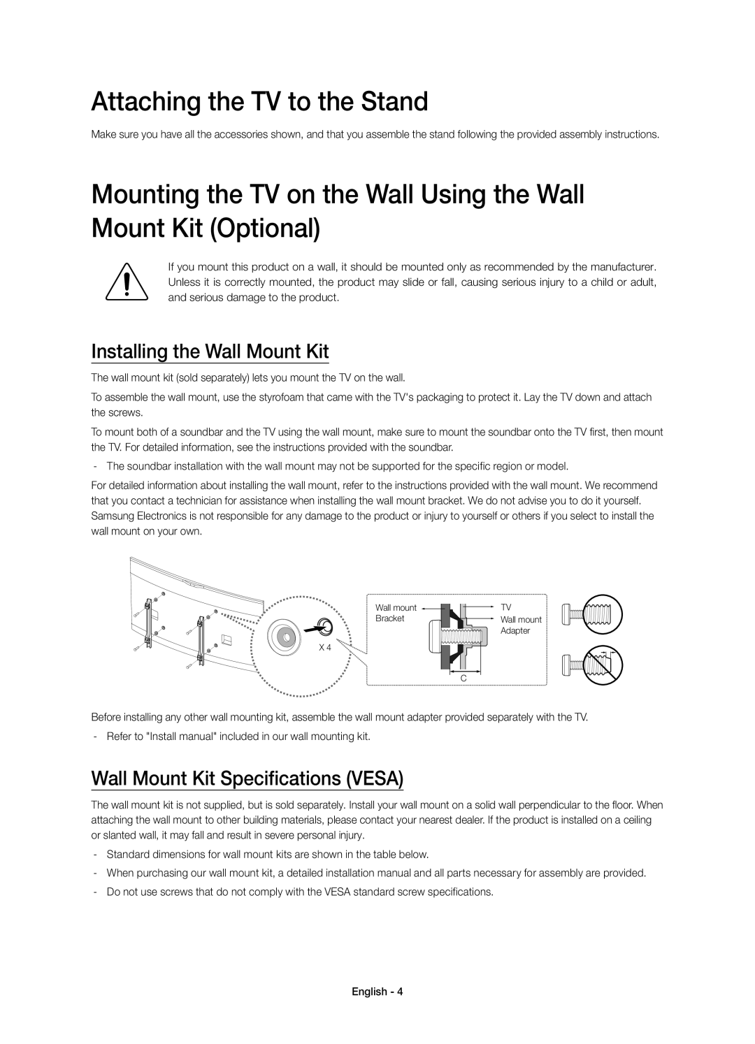 Samsung UE65HU8200LXZF Attaching the TV to the Stand, Installing the Wall Mount Kit, Wall Mount Kit Specifications Vesa 