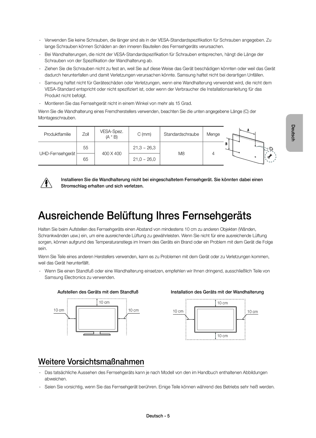 Samsung UE55HU8200LXZF manual Ausreichende Belüftung Ihres Fernsehgeräts, Weitere Vorsichtsmaßnahmen, Produktfamilie 