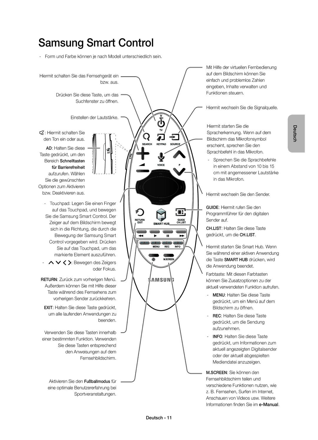 Samsung UE55HU8200LXZF manual Form und Farbe können je nach Modell unterschiedlich sein, ¡ £ Bewegen des Zeigers oder Fokus 