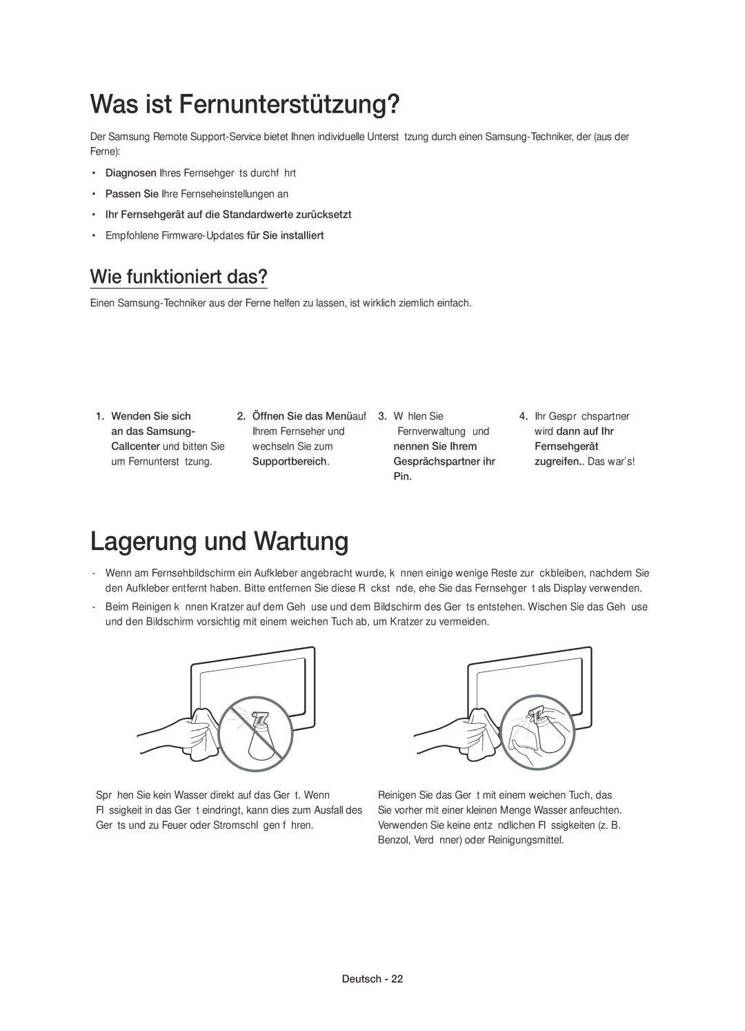 Samsung UE65HU8200LXZF, UE55HU8200LXZF manual Was ist Fernunterstützung?, Lagerung und Wartung, Wie funktioniert das?, Pin 