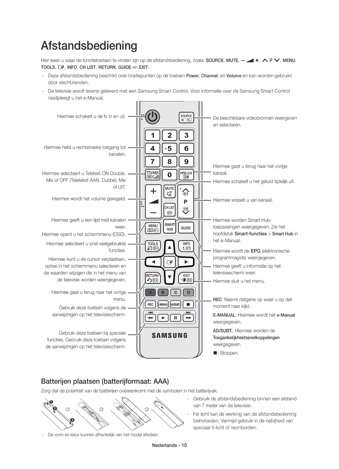 Samsung UE65HU8200LXZF, UE55HU8200LXZF manual Afstandsbediening, Batterijen plaatsen batterijformaat AAA 