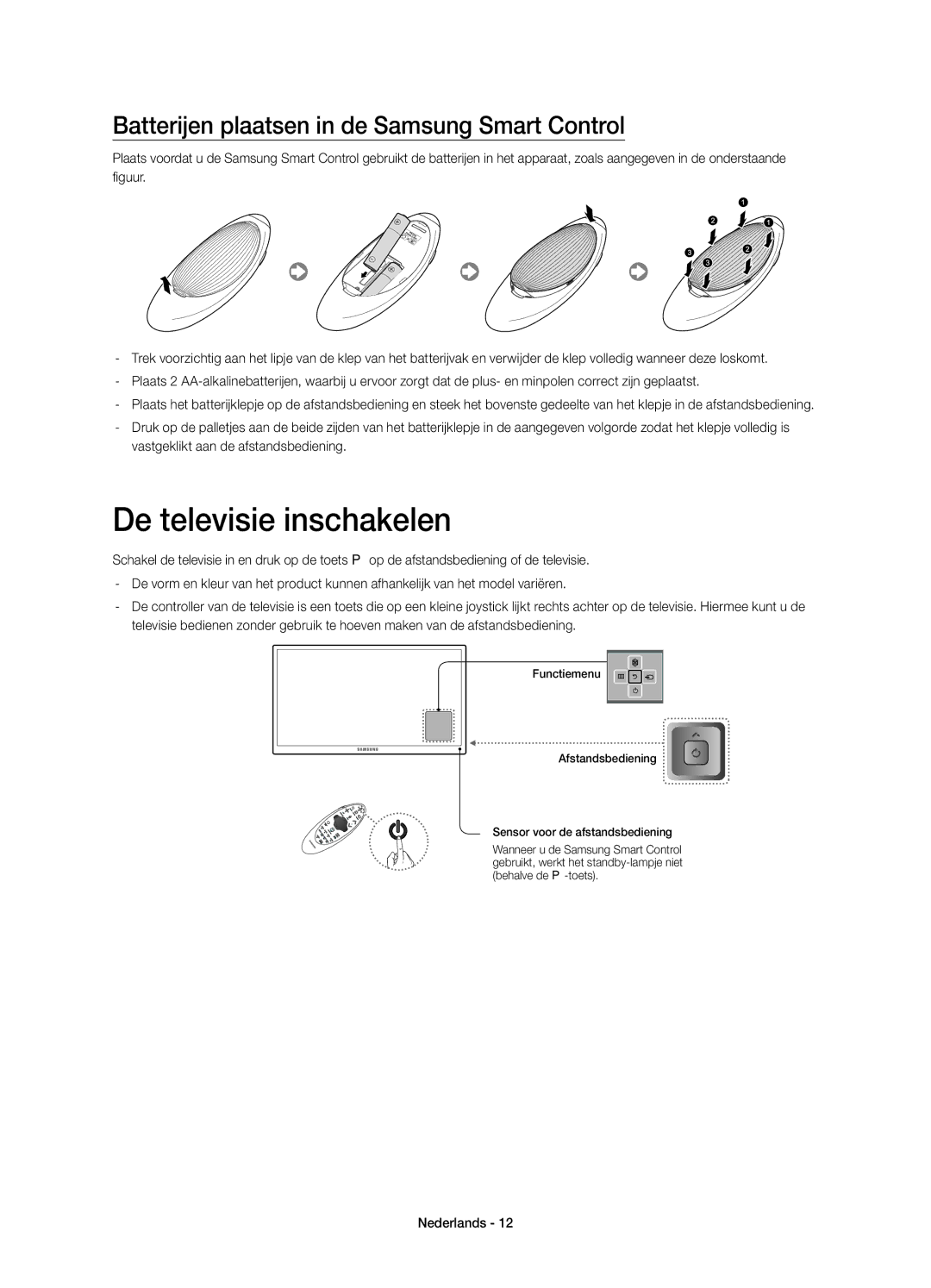 Samsung UE65HU8200LXZF, UE55HU8200LXZF manual De televisie inschakelen, Batterijen plaatsen in de Samsung Smart Control 