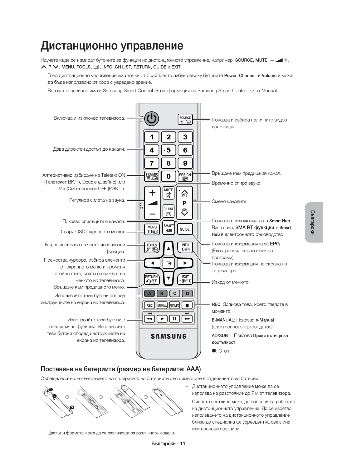 Samsung UE55HU8500TXXU, UE65HU8500LXXH manual Дистанционно управление, Поставяне на батериите размер на батериите AAA 