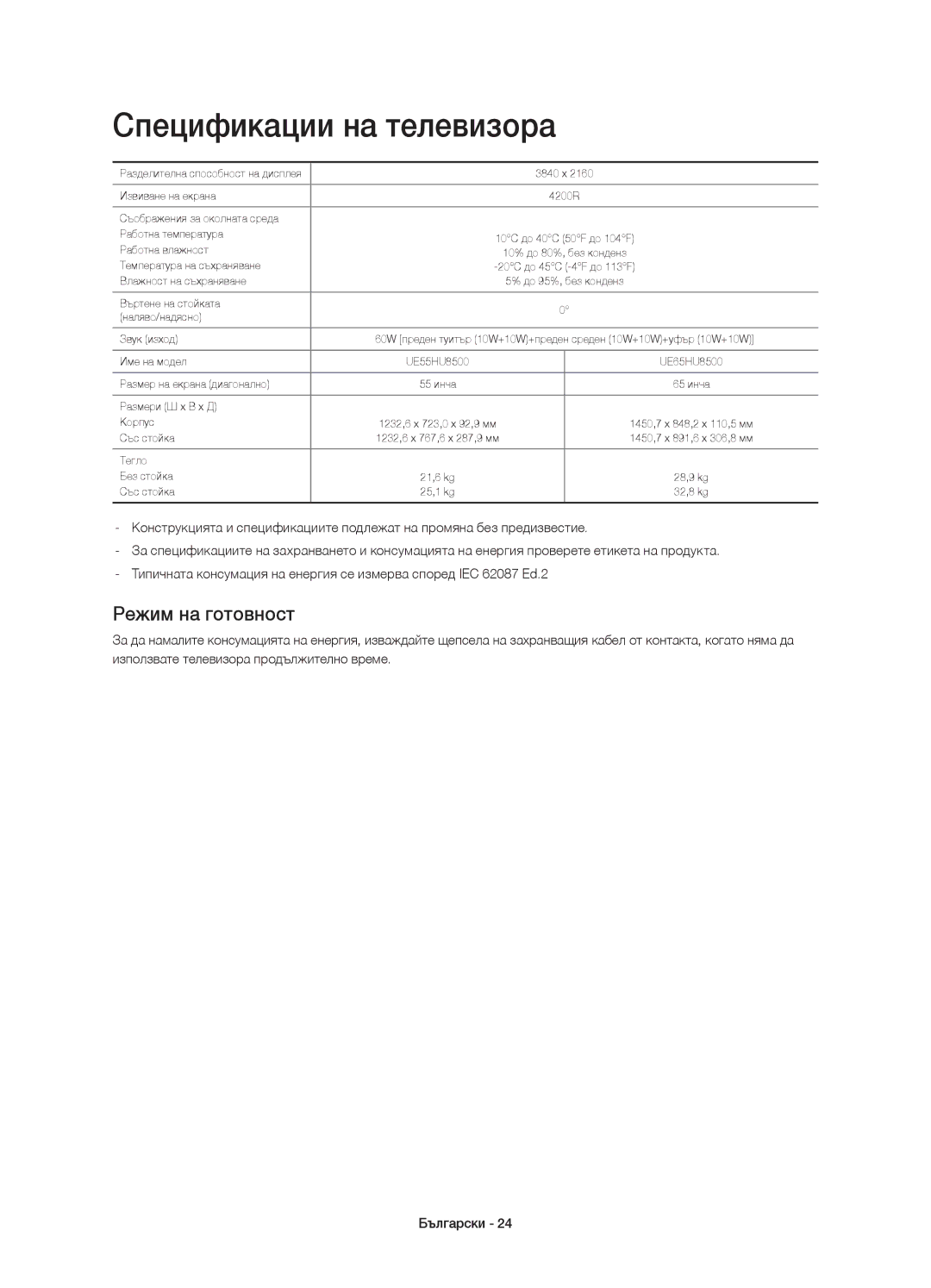 Samsung UE65HU8500LXXH, UE55HU8500LXXC, UE55HU8500LXXH, UE65HU8500LXXC manual Спецификации на телевизора, Режим на готовност 