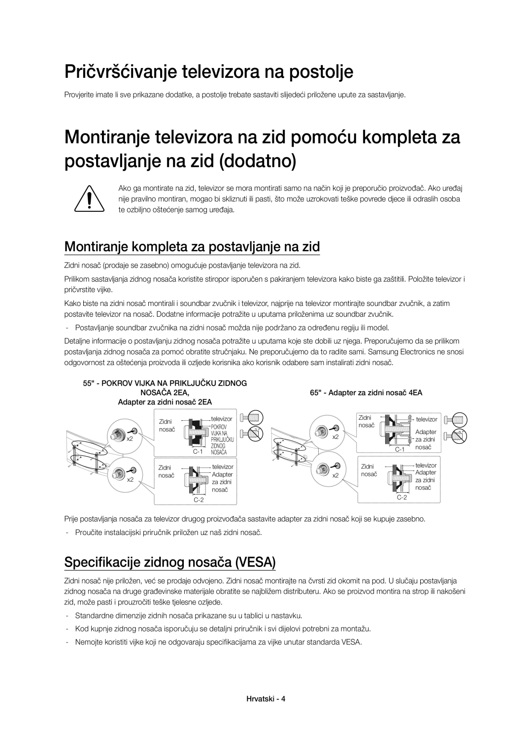 Samsung UE65HU8500TXXU, UE65HU8500LXXH Pričvršćivanje televizora na postolje, Montiranje kompleta za postavljanje na zid 