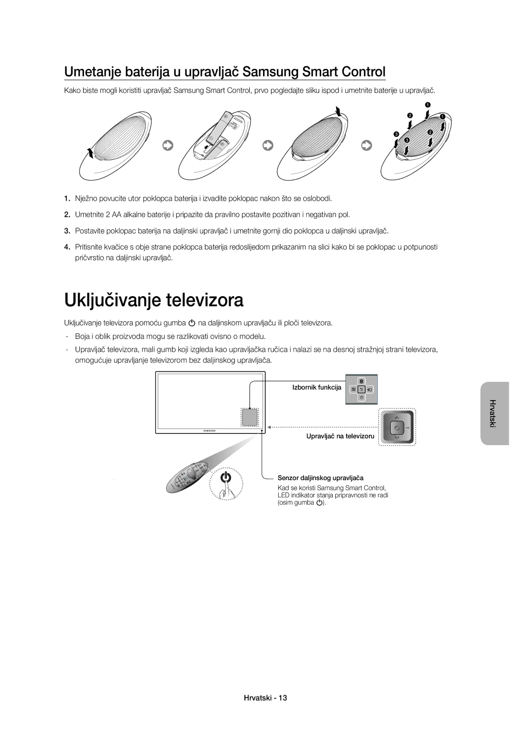 Samsung UE55HU8500LXXC, UE65HU8500LXXH manual Uključivanje televizora, Umetanje baterija u upravljač Samsung Smart Control 