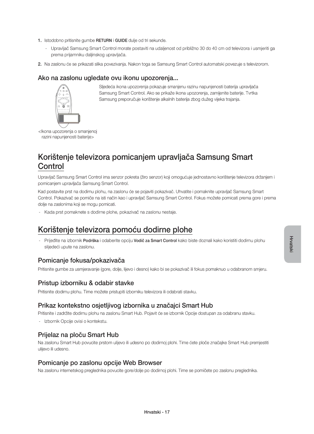 Samsung UE65HU8500LXZF, UE65HU8500LXXH, UE55HU8500LXXC, UE55HU8500LXXH manual Korištenje televizora pomoću dodirne plohe 