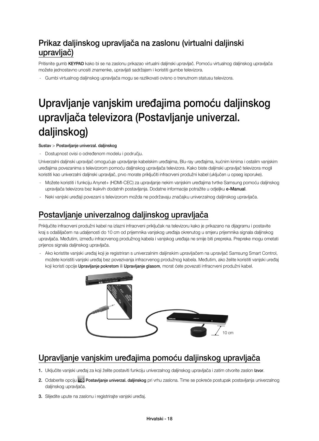 Samsung UE55HU8500LXZF Postavljanje univerzalnog daljinskog upravljača, Dostupnost ovisi o određenom modelu i području 