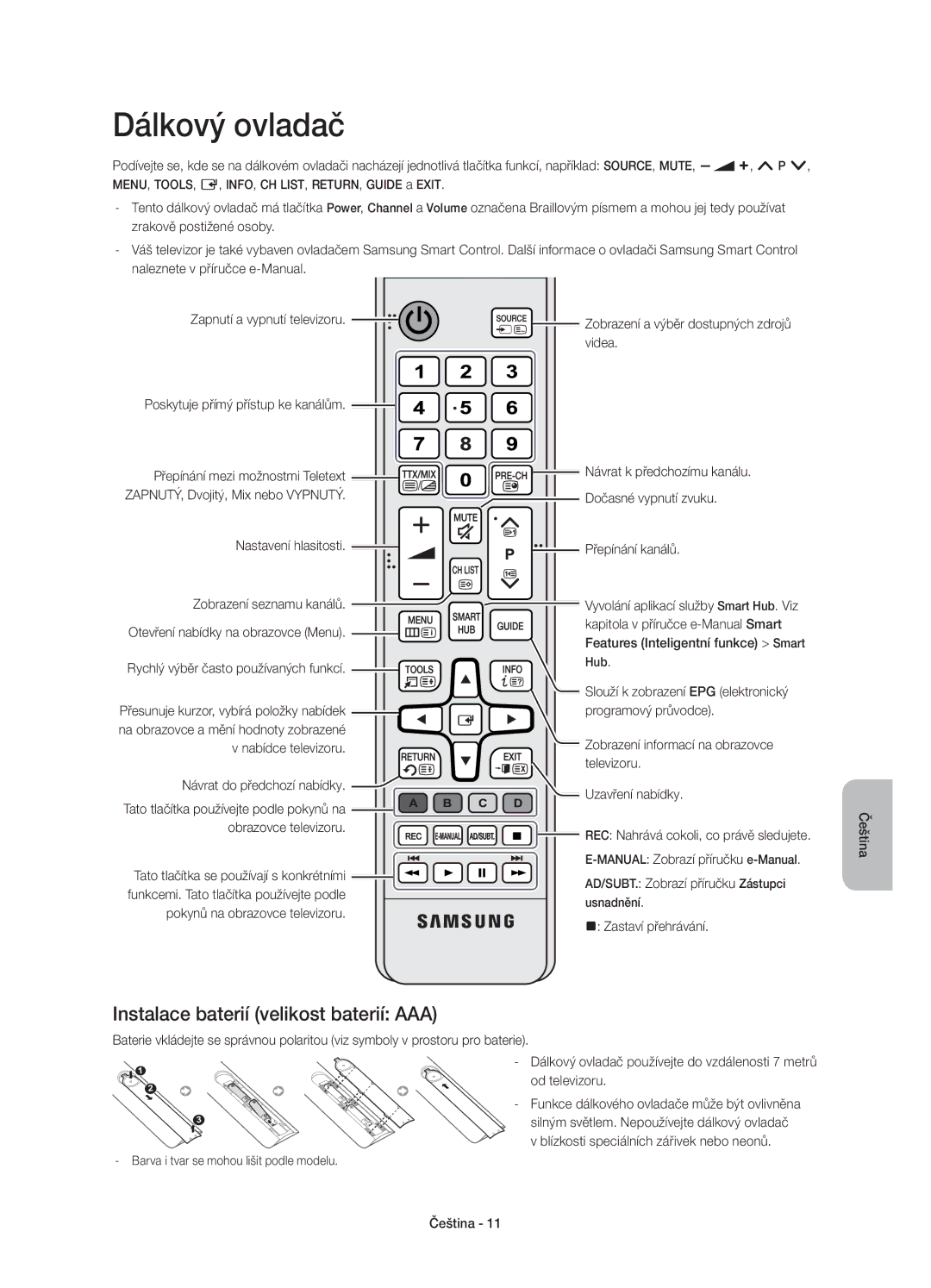 Samsung UE55HU8500TXXU, UE65HU8500LXXH, UE55HU8500LXXC manual Dálkový ovladač, Instalace baterií velikost baterií AAA 