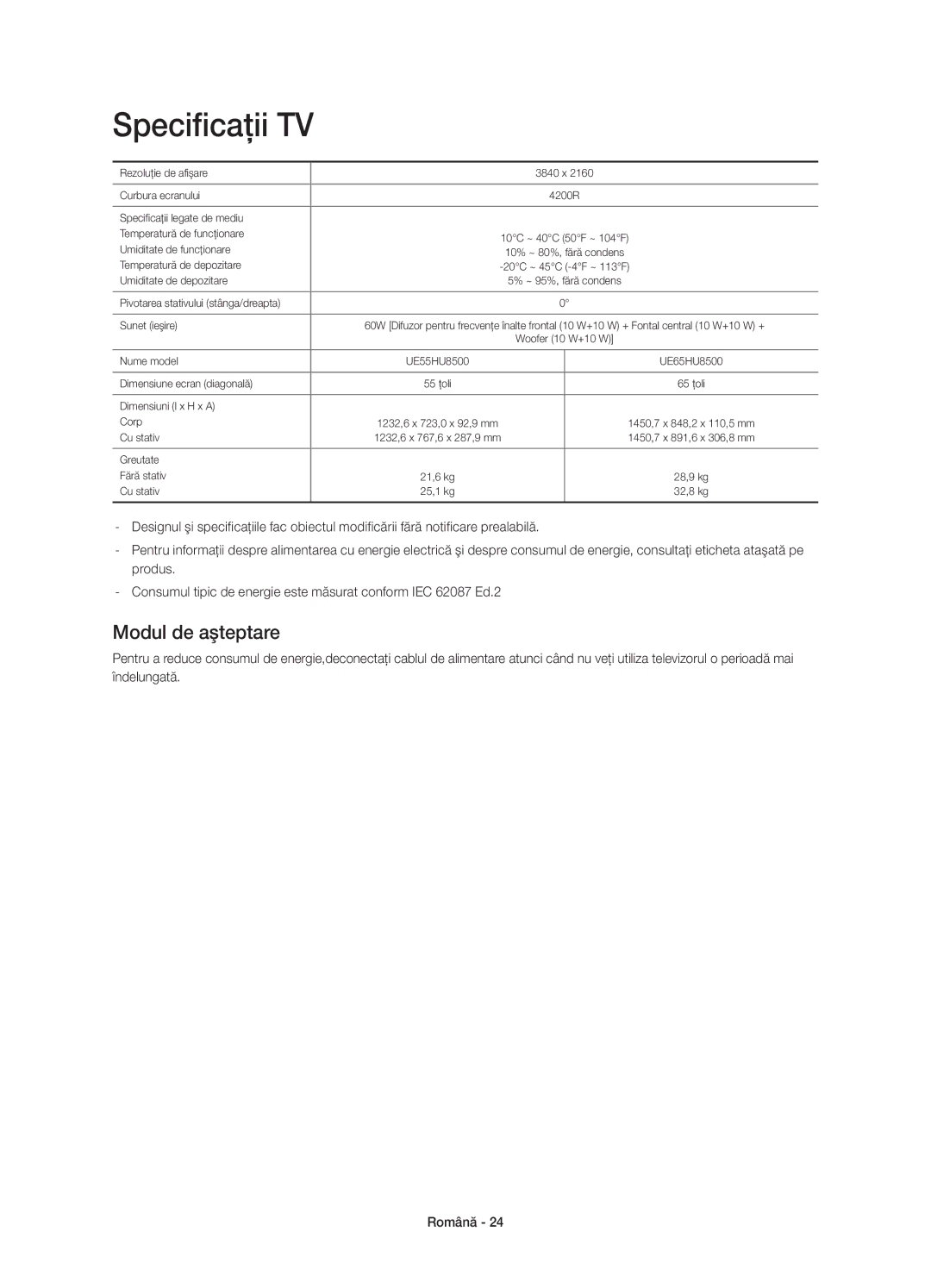 Samsung UE65HU8500LXXH, UE55HU8500LXXC, UE55HU8500LXXH, UE65HU8500LXXC, UE65HU8500TXXU Specificaţii TV, Modul de aşteptare 