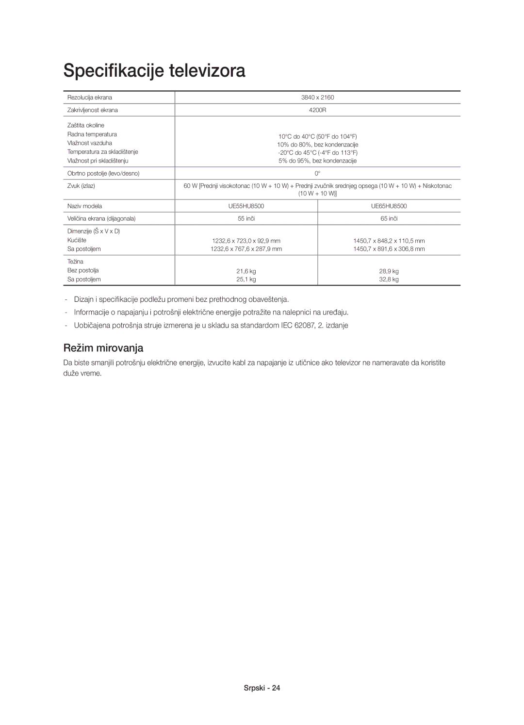 Samsung UE65HU8500LXXH, UE55HU8500LXXC, UE55HU8500LXXH manual Režim mirovanja, Obrtno postolje levo/desno Zvuk izlaz 