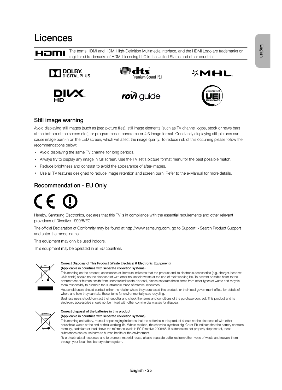 Samsung UE55HU8500LXXC, UE65HU8500LXXH, UE55HU8500LXXH, UE65HU8500LXXC Licences, Still image warning, Recommendation EU Only 