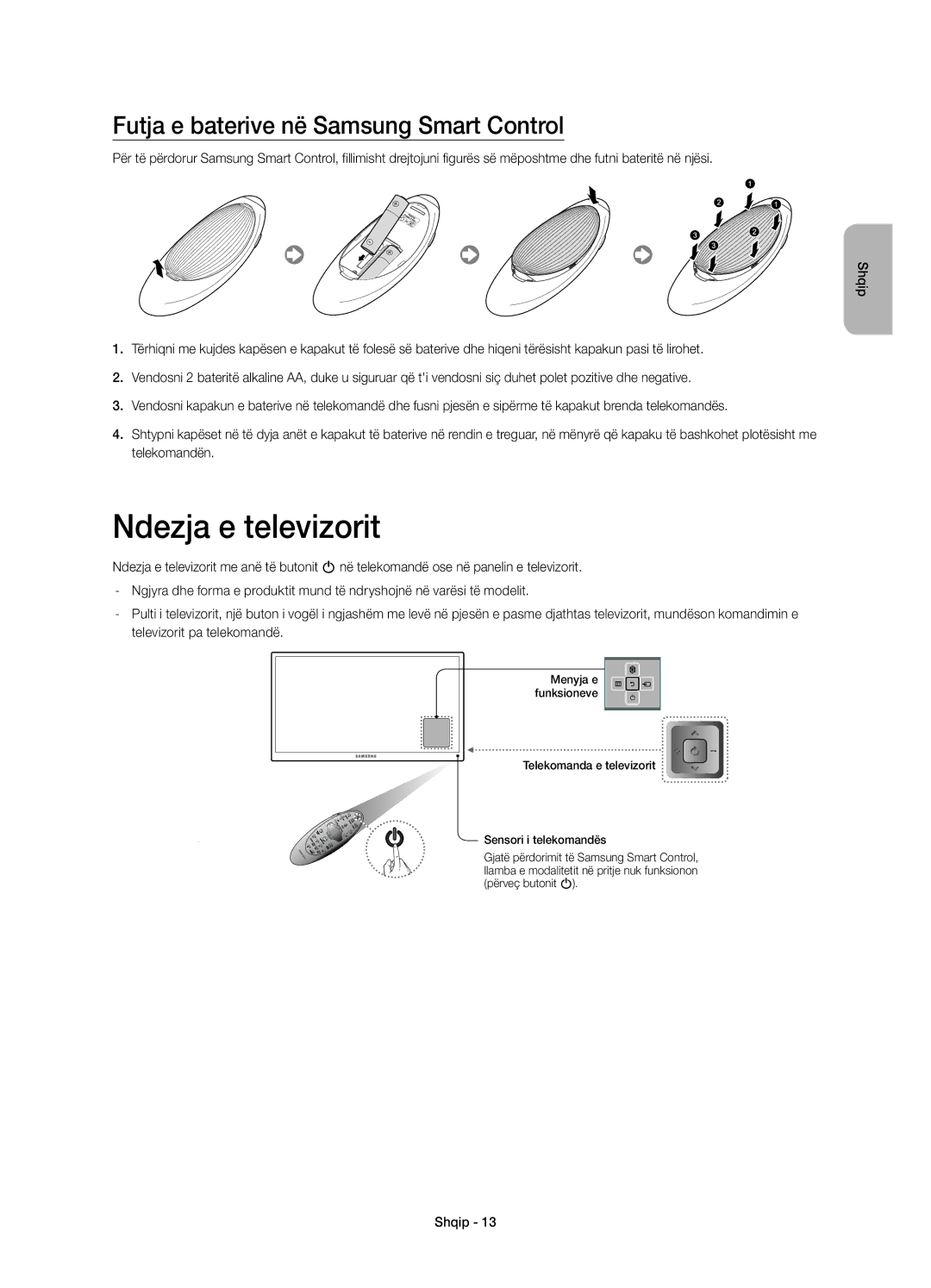 Samsung UE55HU8500LXXC, UE65HU8500LXXH, UE55HU8500LXXH manual Ndezja e televizorit, Futja e baterive në Samsung Smart Control 