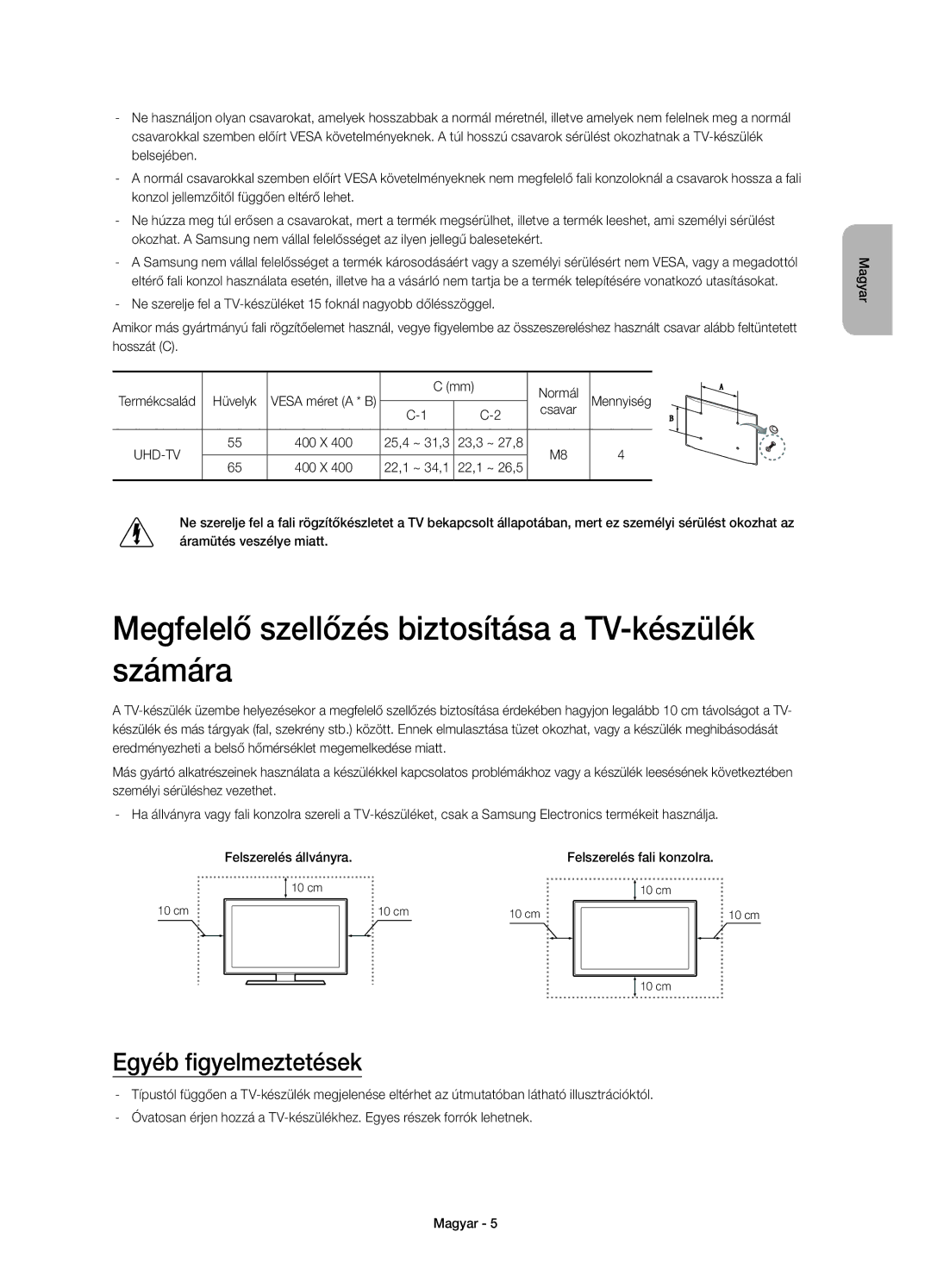 Samsung UE65HU8500LXZF Megfelelő szellőzés biztosítása a TV-készülék számára, Egyéb figyelmeztetések, Hüvelyk, Normál 