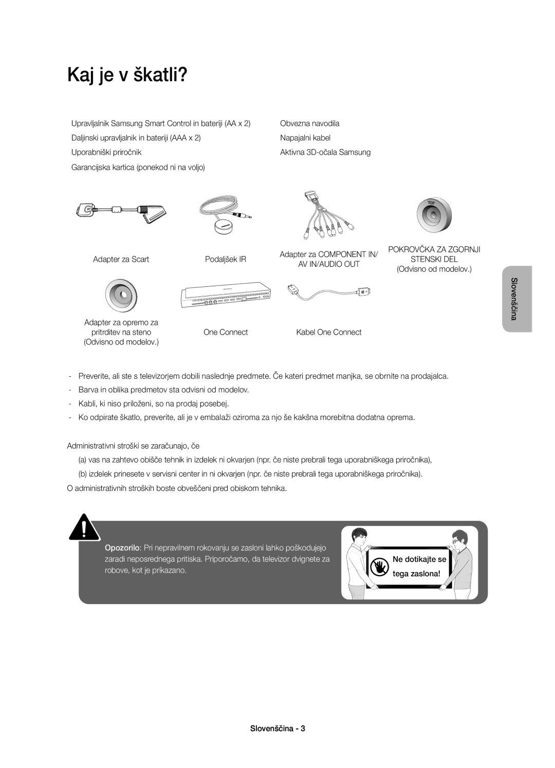 Samsung UE65HU8500LXXC manual Kaj je v škatli?, Garancijska kartica ponekod ni na voljo, Adapter za Scart Podaljšek IR 