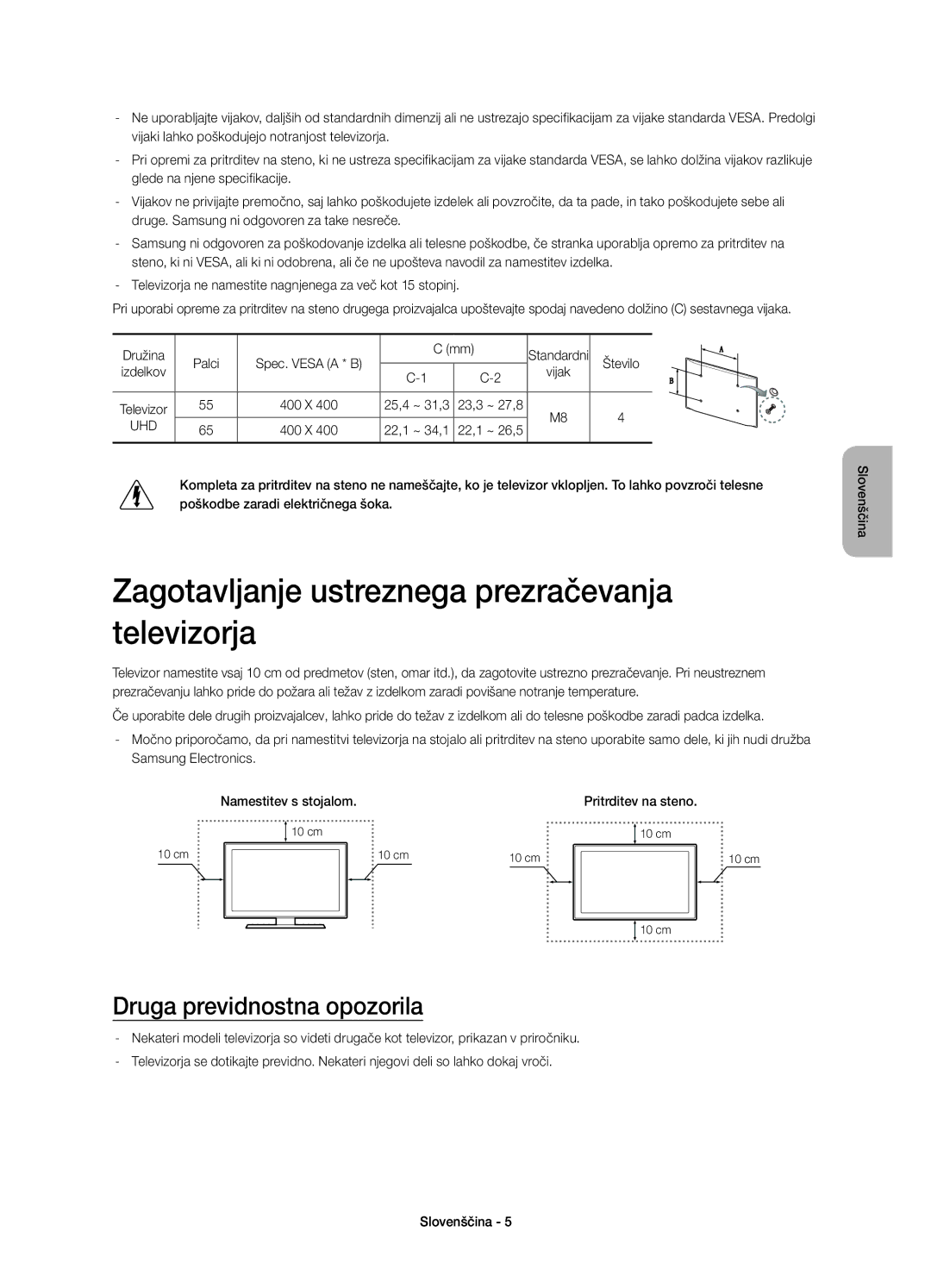 Samsung UE65HU8500LXZF manual Zagotavljanje ustreznega prezračevanja televizorja, Druga previdnostna opozorila, Število 