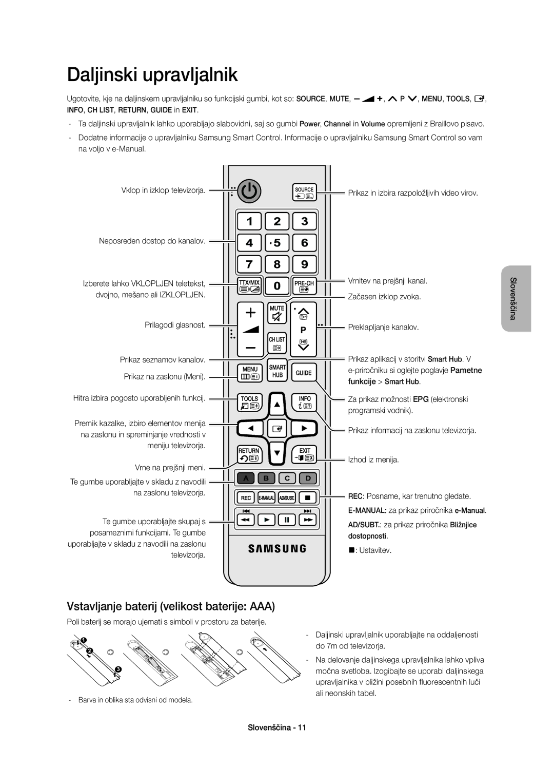 Samsung UE55HU8500TXXU, UE65HU8500LXXH, UE55HU8500LXXC Daljinski upravljalnik, Vstavljanje baterij velikost baterije AAA 