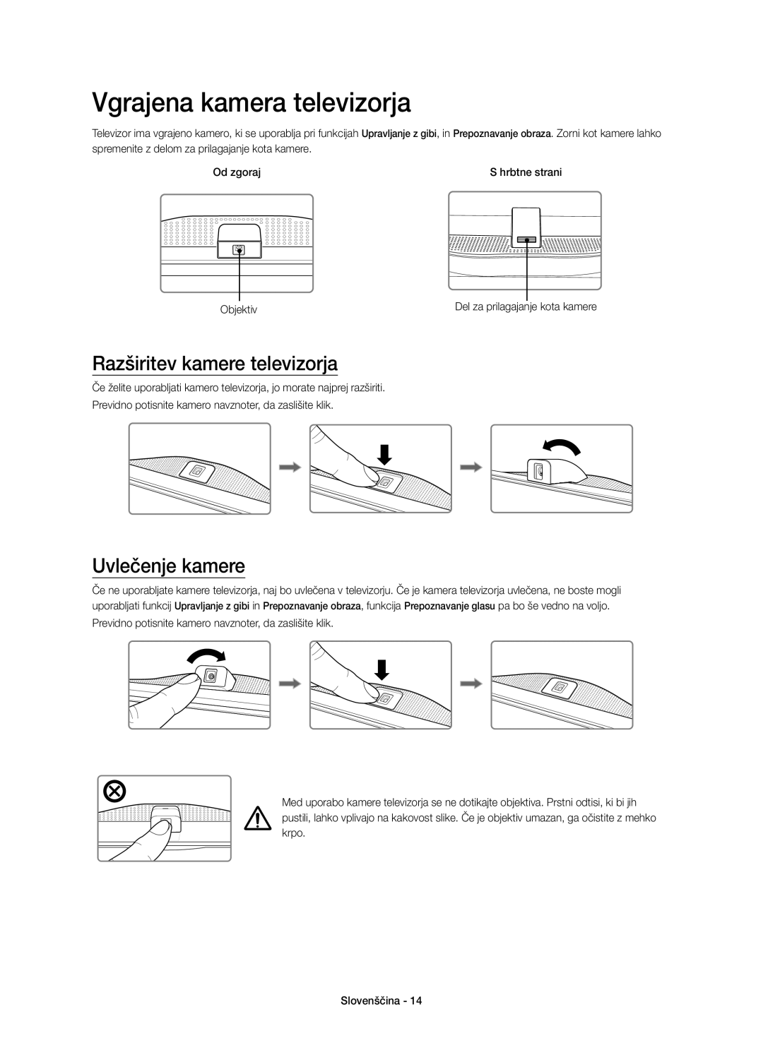 Samsung UE55HU8500LXXH, UE65HU8500LXXH manual Vgrajena kamera televizorja, Razširitev kamere televizorja, Uvlečenje kamere 