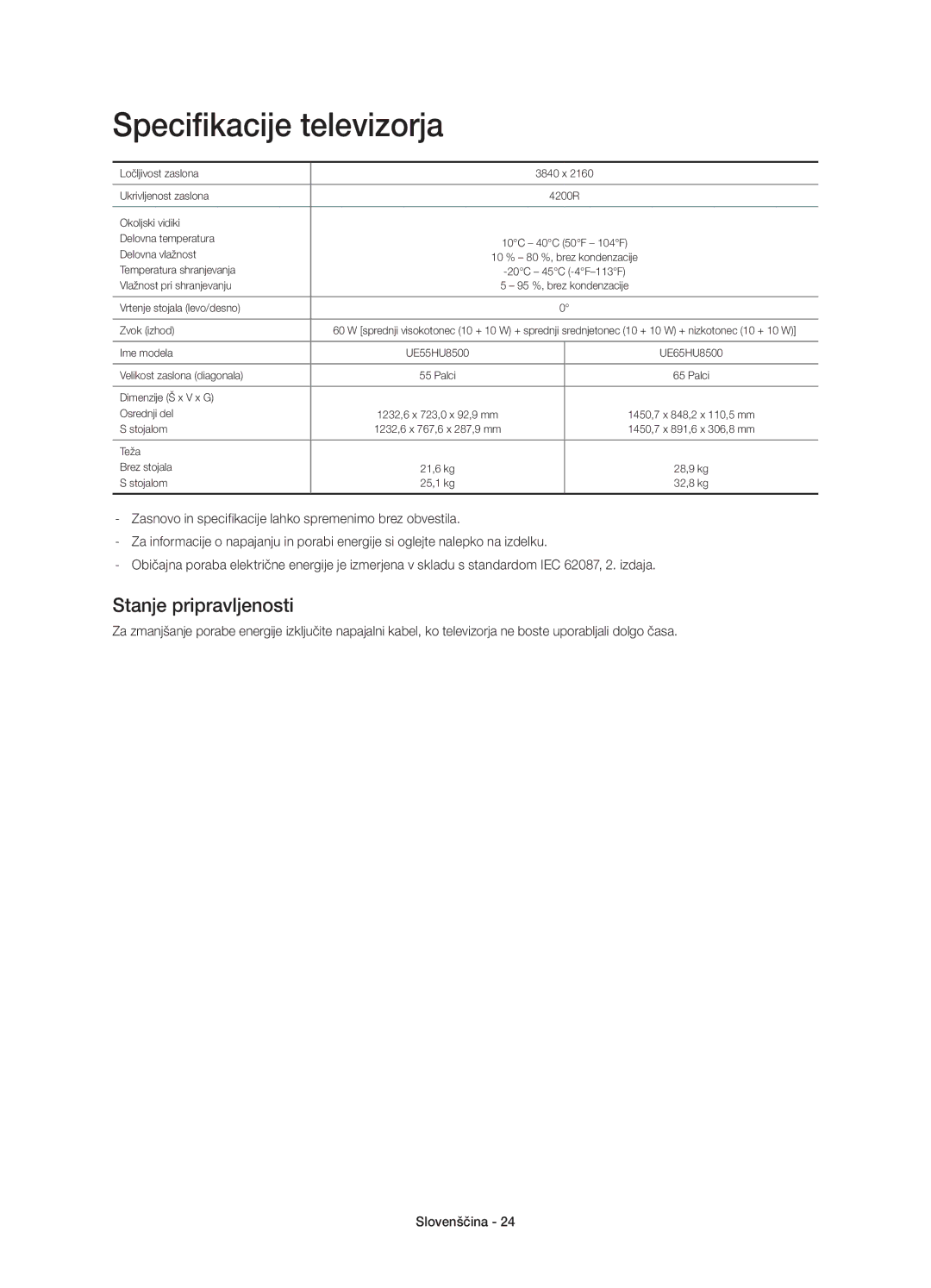 Samsung UE65HU8500LXXH, UE55HU8500LXXC, UE55HU8500LXXH, UE65HU8500LXXC Specifikacije televizorja, Stanje pripravljenosti 