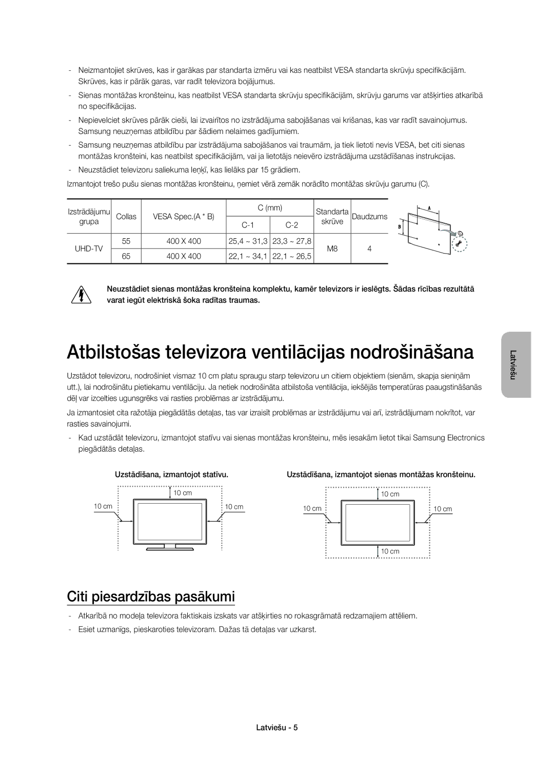 Samsung UE65HU8500LXZF, UE65HU8500LXXH manual Atbilstošas televizora ventilācijas nodrošināšana, Citi piesardzības pasākumi 