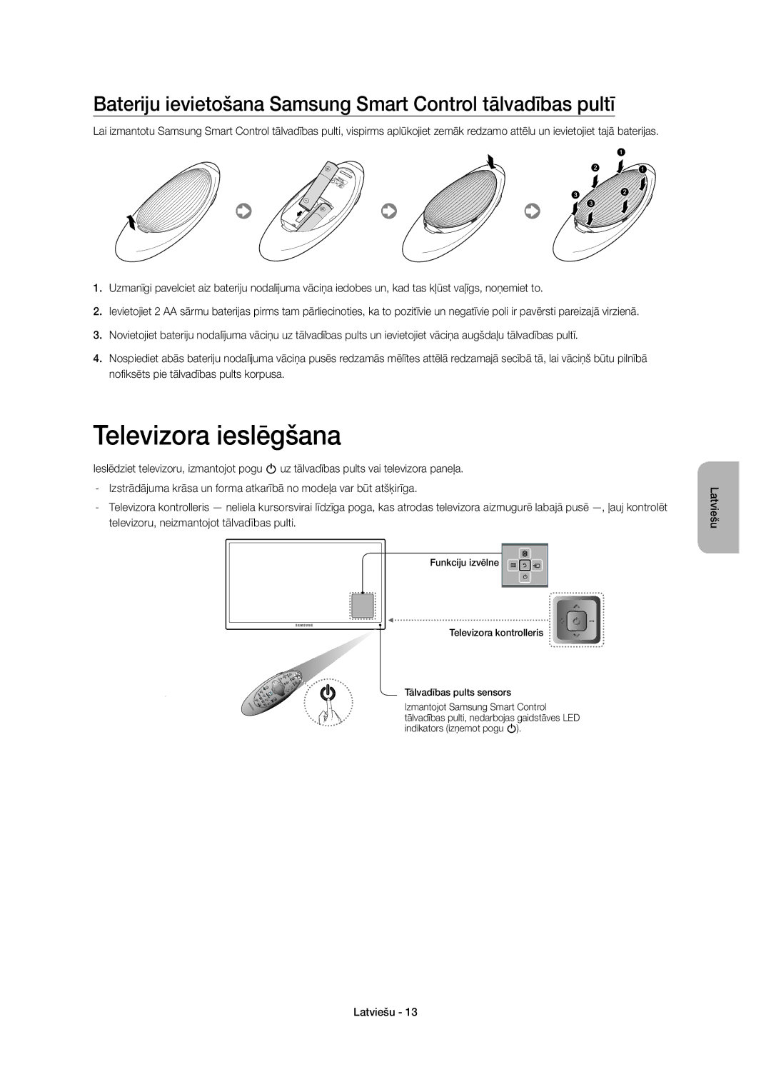 Samsung UE55HU8500LXXC, UE65HU8500LXXH Televizora ieslēgšana, Bateriju ievietošana Samsung Smart Control tālvadības pultī 