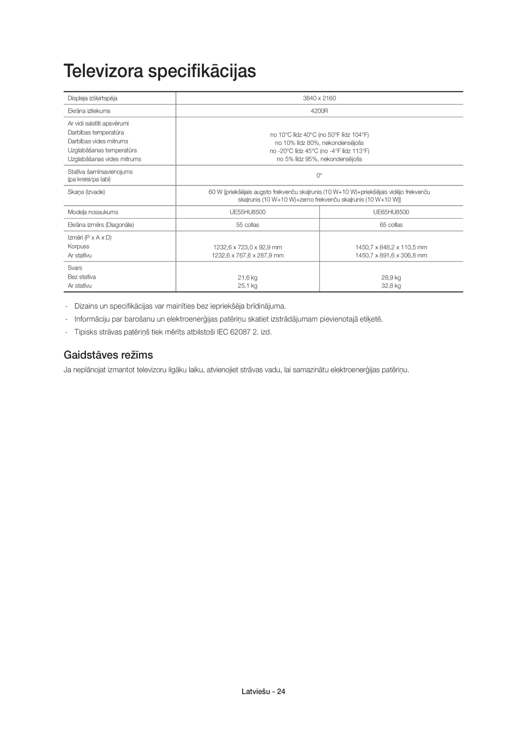 Samsung UE65HU8500LXXH, UE55HU8500LXXC, UE55HU8500LXXH, UE65HU8500LXXC manual Televizora specifikācijas, Gaidstāves režīms 