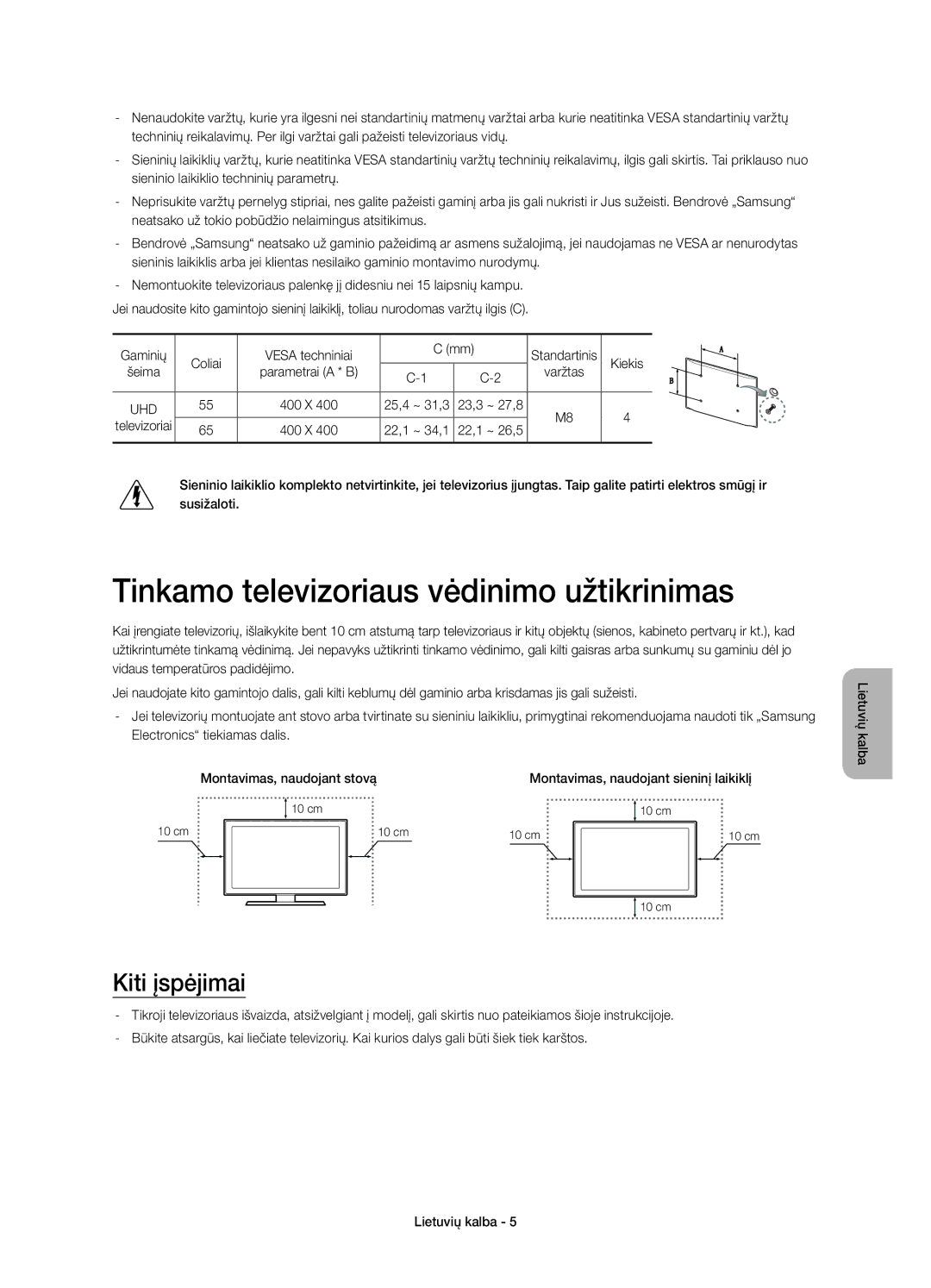 Samsung UE65HU8500LXZF, UE65HU8500LXXH, UE55HU8500LXXC manual Tinkamo televizoriaus vėdinimo užtikrinimas, Kiti įspėjimai 