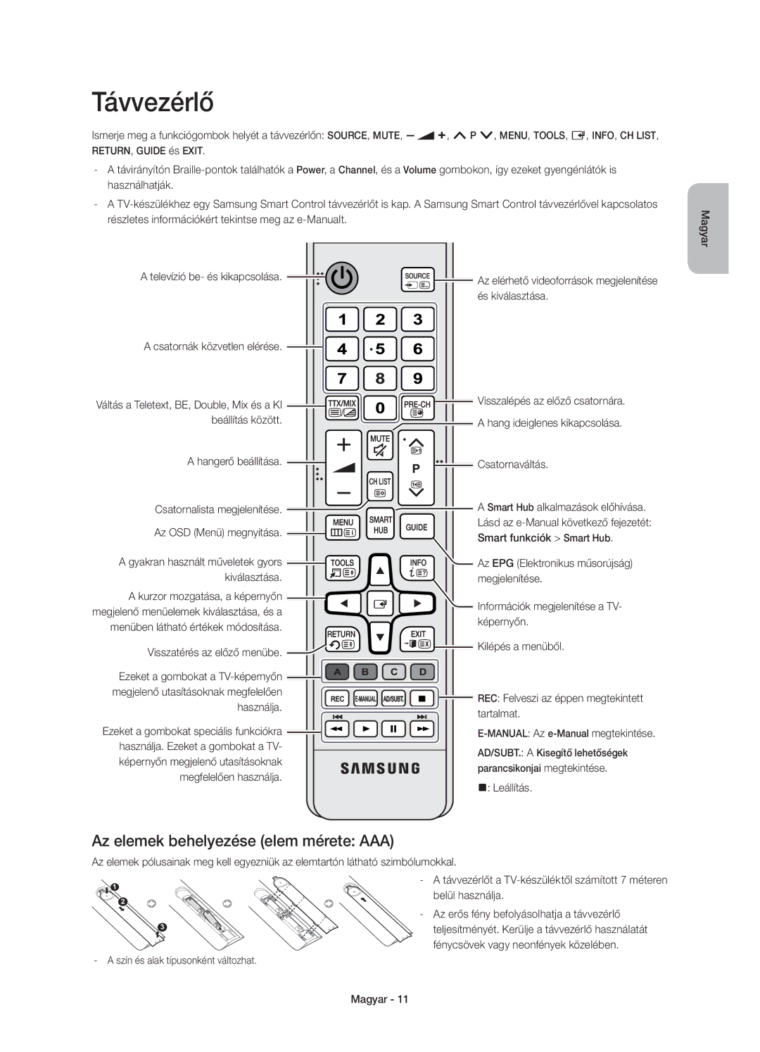 Samsung UE55HU8500TXXU, UE65HU8500LXXH, UE55HU8500LXXC, UE55HU8500LXXH Távvezérlő, Az elemek behelyezése elem mérete AAA 