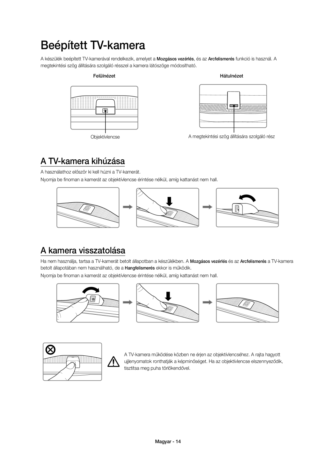 Samsung UE55HU8500LXXH, UE65HU8500LXXH manual Beépített TV-kamera, TV-kamera kihúzása, Kamera visszatolása, Objektívlencse 