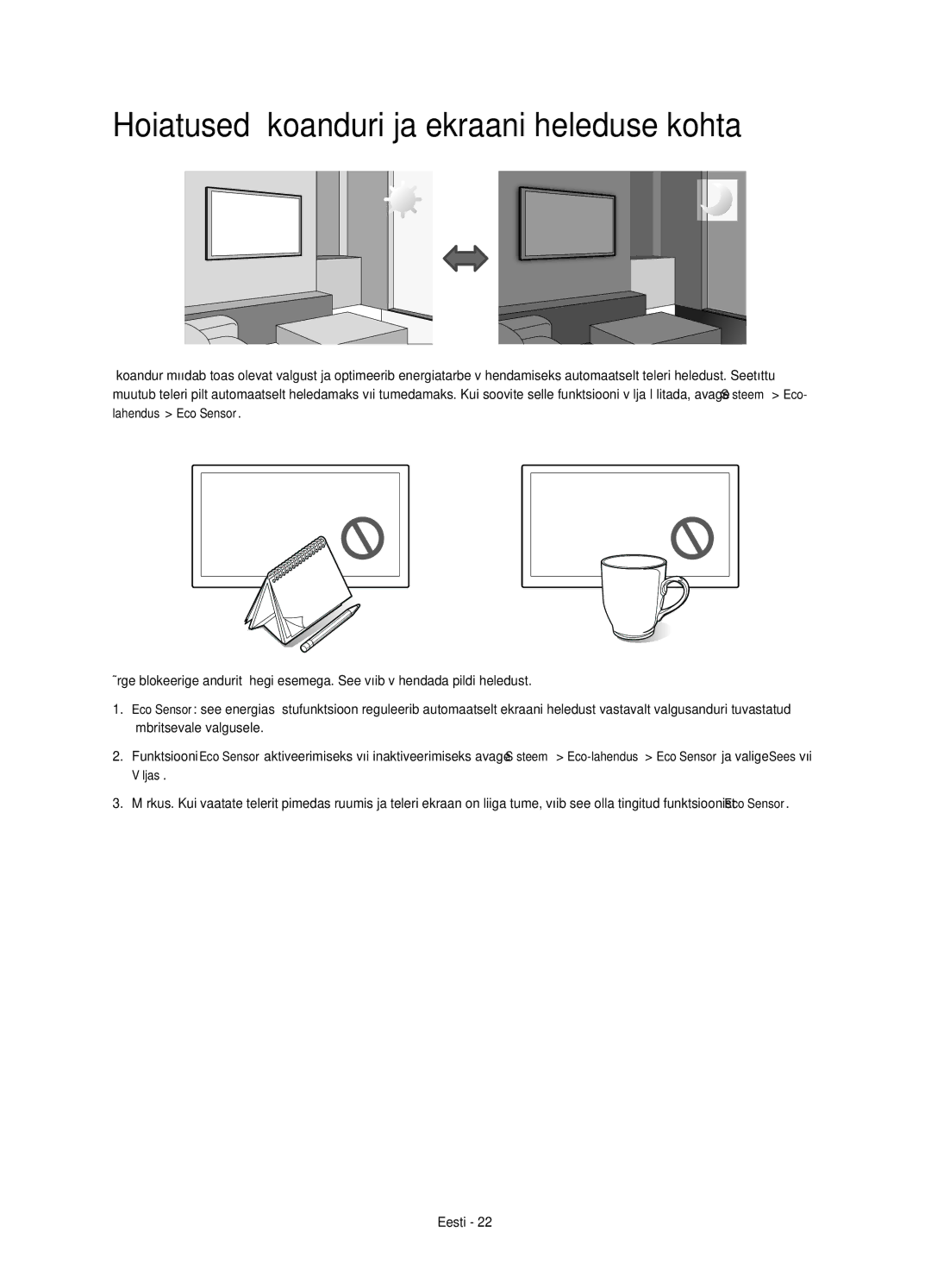 Samsung UE65HU8500TXXH, UE65HU8500LXXH, UE55HU8500LXXC, UE55HU8500LXXH manual Hoiatused ökoanduri ja ekraani heleduse kohta 