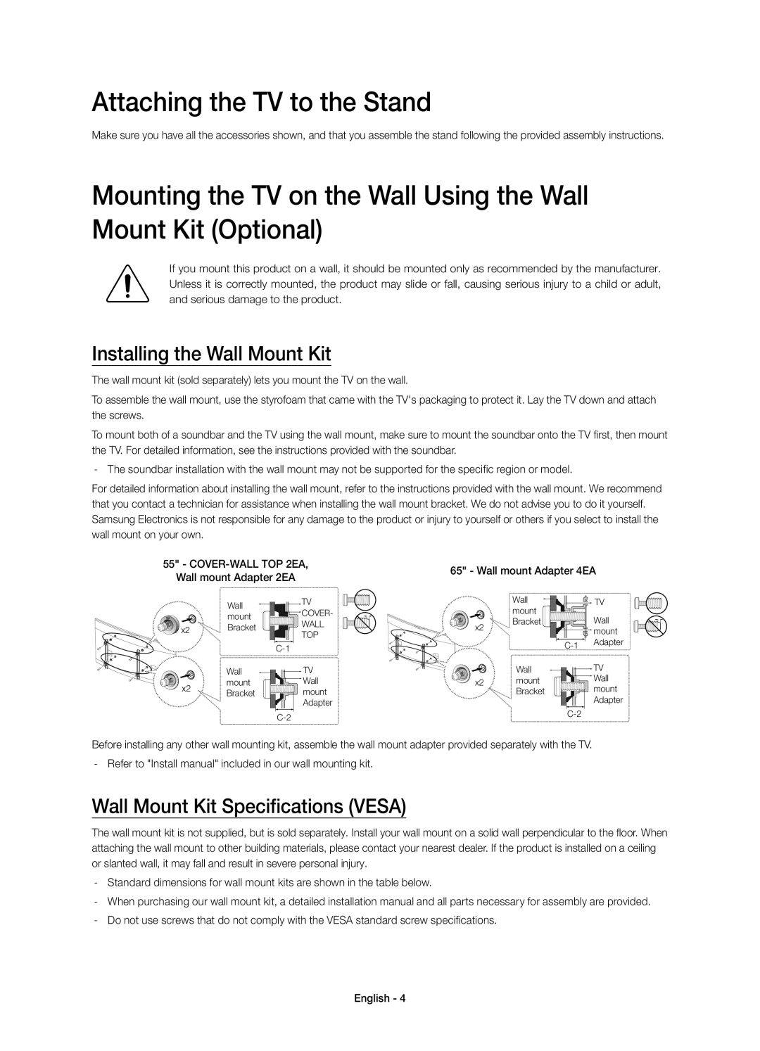 Samsung UE65HU8500TXXU Attaching the TV to the Stand, Installing the Wall Mount Kit, Wall Mount Kit Specifications Vesa 