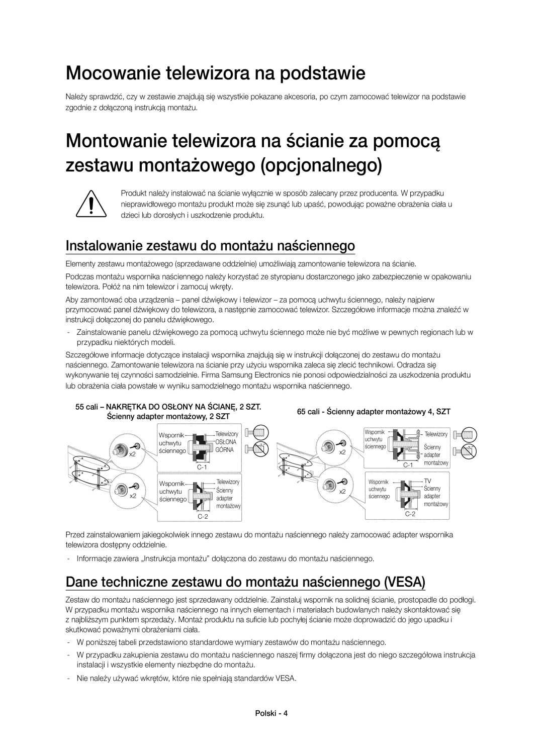 Samsung UE65HU8500TXXU, UE65HU8500LXXH manual Mocowanie telewizora na podstawie, Instalowanie zestawu do montażu naściennego 