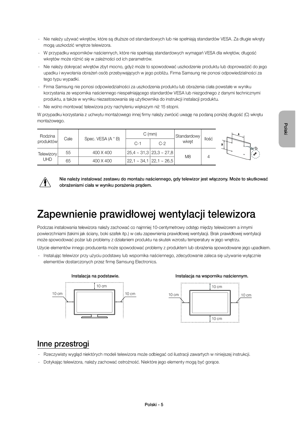 Samsung UE65HU8500LXZF, UE65HU8500LXXH, UE55HU8500LXXC manual Zapewnienie prawidłowej wentylacji telewizora, Inne przestrogi 