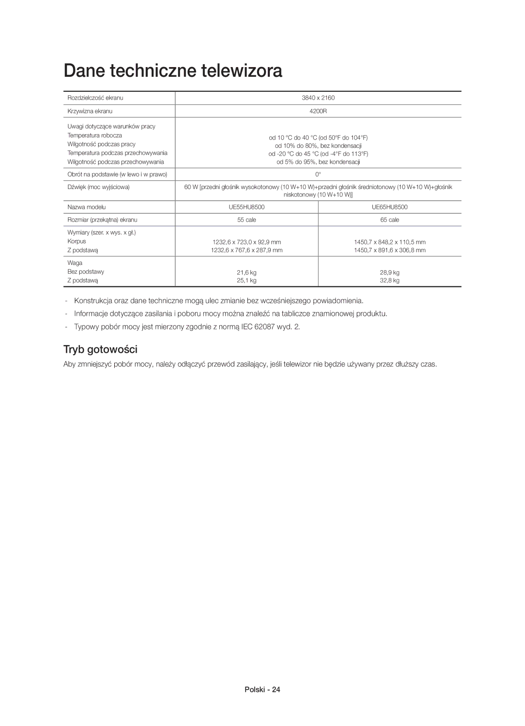 Samsung UE65HU8500LXXH, UE55HU8500LXXC, UE55HU8500LXXH, UE65HU8500LXXC manual Dane techniczne telewizora, Tryb gotowości 