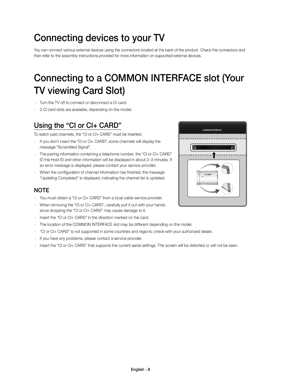 Samsung UE65HU8500LXXN, UE65HU8500LXXH, UE55HU8500LXXC manual Connecting devices to your TV, Using the CI or CI+ Card 