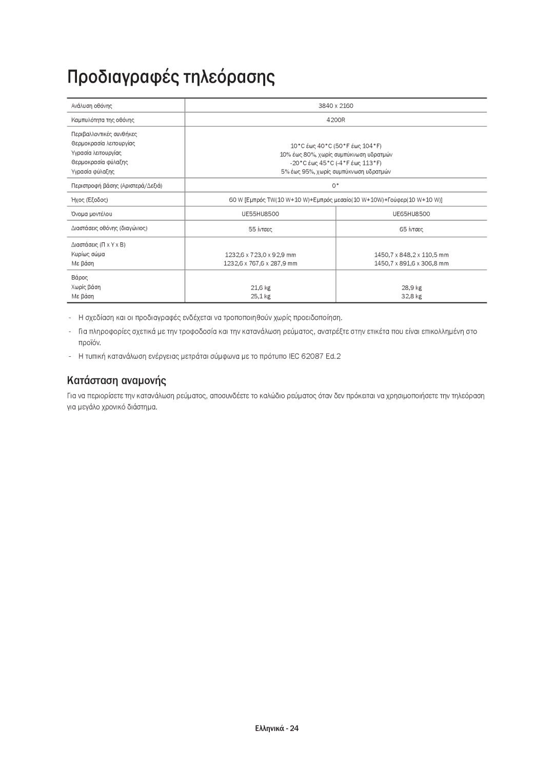 Samsung UE65HU8500LXXH, UE55HU8500LXXC, UE55HU8500LXXH, UE65HU8500LXXC manual Προδιαγραφές τηλεόρασης, Κατάσταση αναμονής 