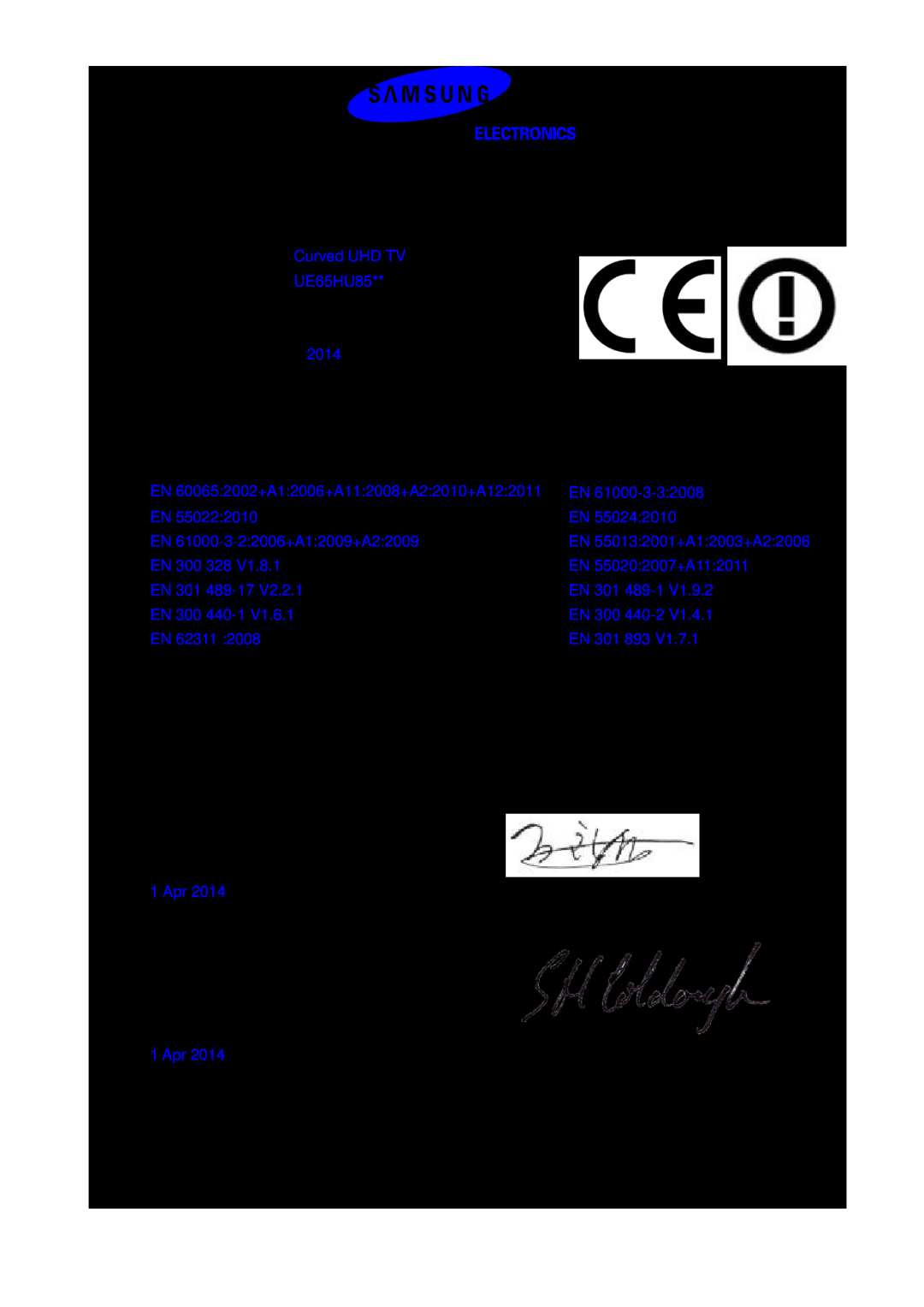 Samsung UE55HU8500LXXC, UE65HU8500LXXH, UE55HU8505QXXE, UE55HU8500LXXH manual Declaration of Conformity, Curved UHD TV 